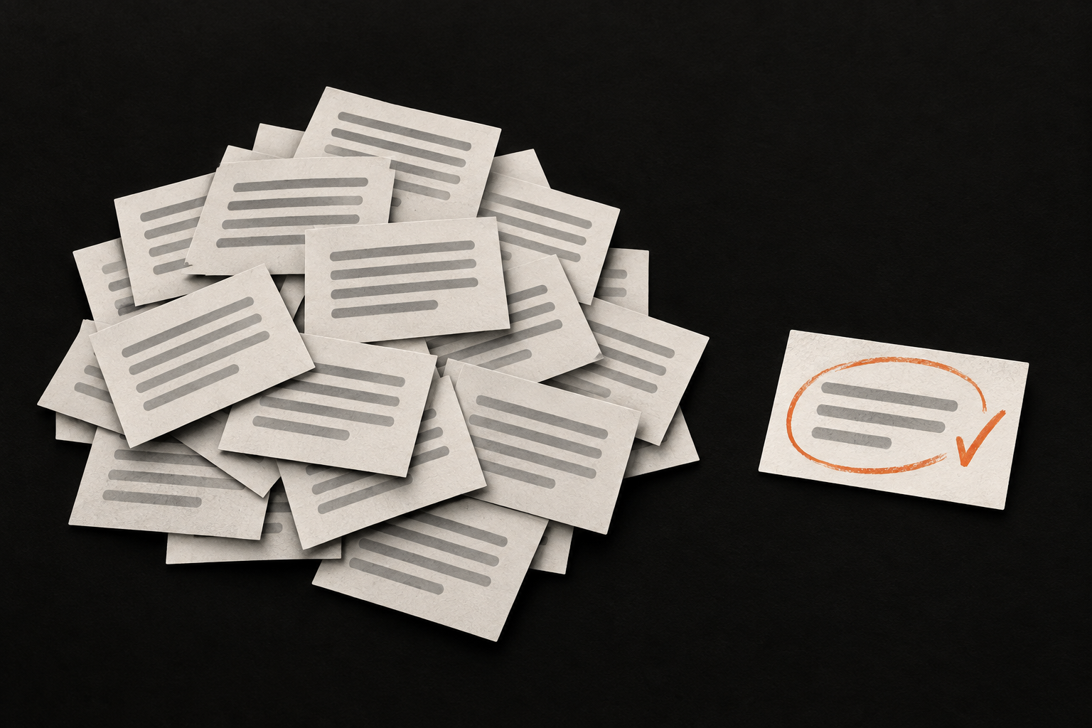 A pile of repetitive message cards beside one shorter card with an orange editing mark.